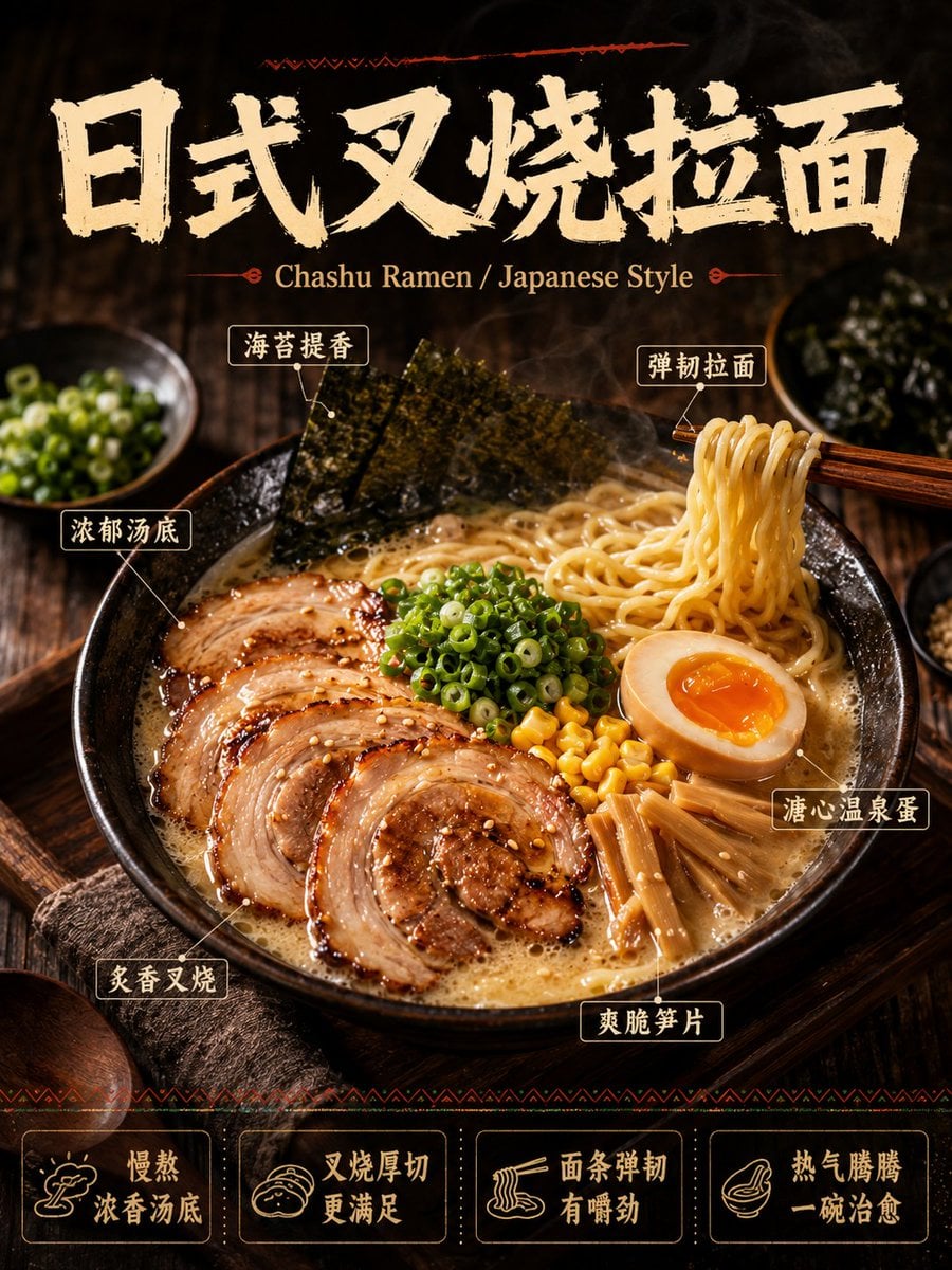 请生成一张高完成度的「中文主导餐饮商业美食海报」。 品类:[主题品类] 主标题:[中文主标题] 副标题:[英文辅助副标题](可选,小字辅助) 主视觉食物:[主视觉食物] 食材标注:[食材标注](4-6个,中文为主) 底…