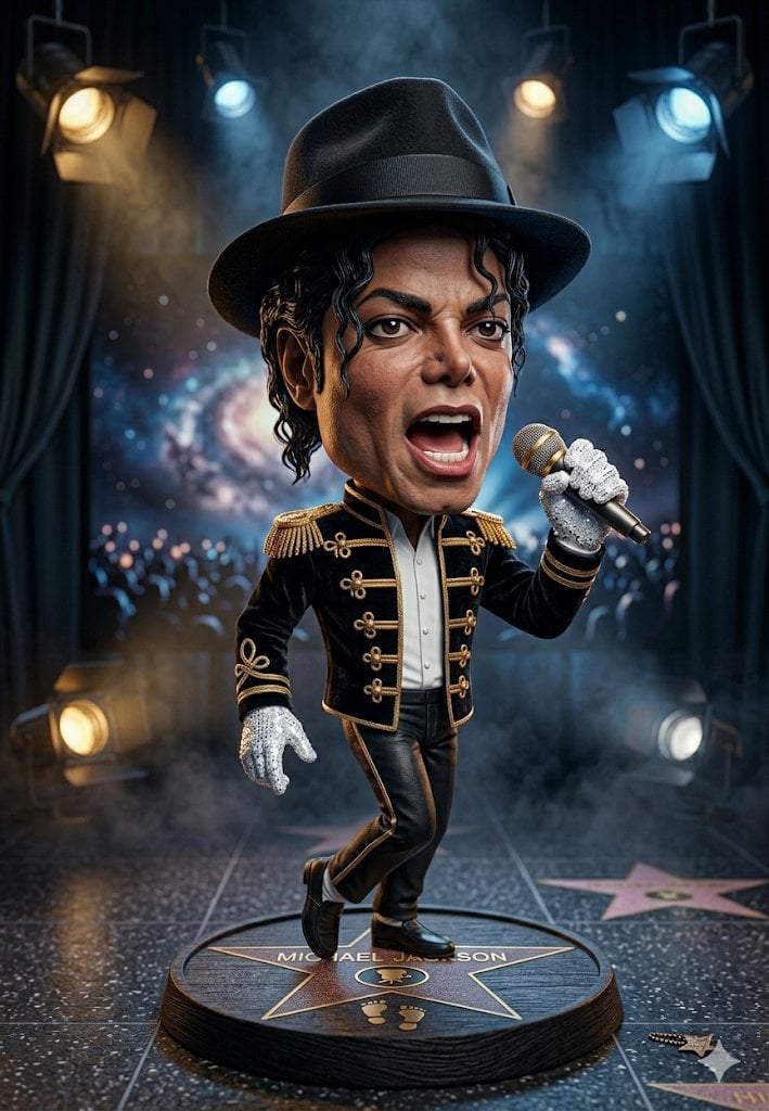 A hyper-detailed 3D caricature figurine of a legendary pop music icon…