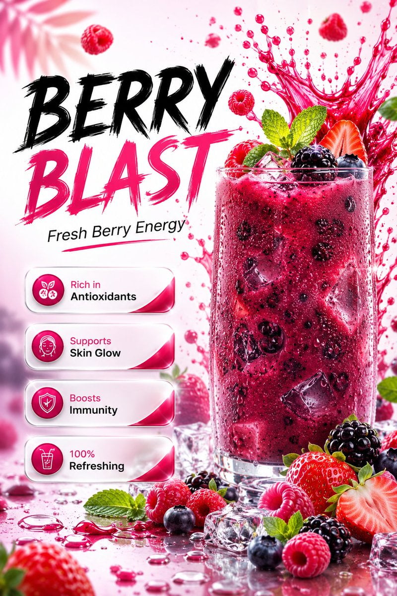Ultra-realistic premium mixed berry beverage advertisement poster des…
