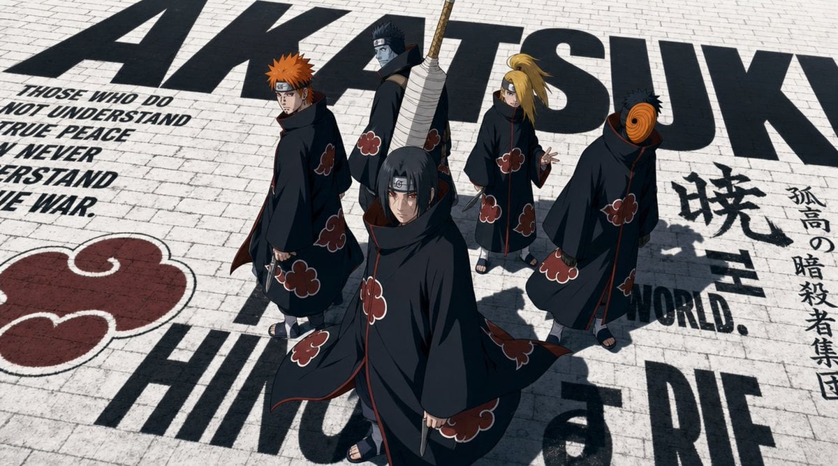 Five handsome Akatsuki members from Naruto standing at the center of a vast black-and-white typography ground…