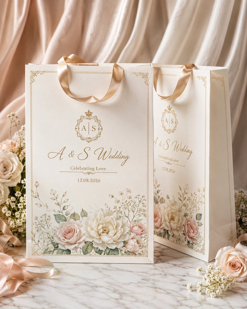 Create a high-end luxury wedding gift bag mockup in a clean premium s…