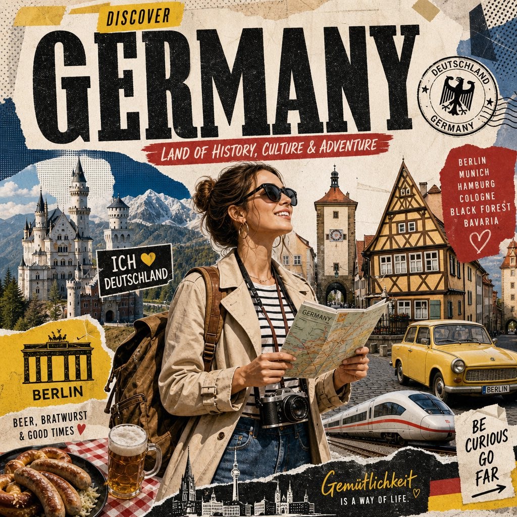 Create a stylized travel poster for [GERMANY]. The main subject shoul…