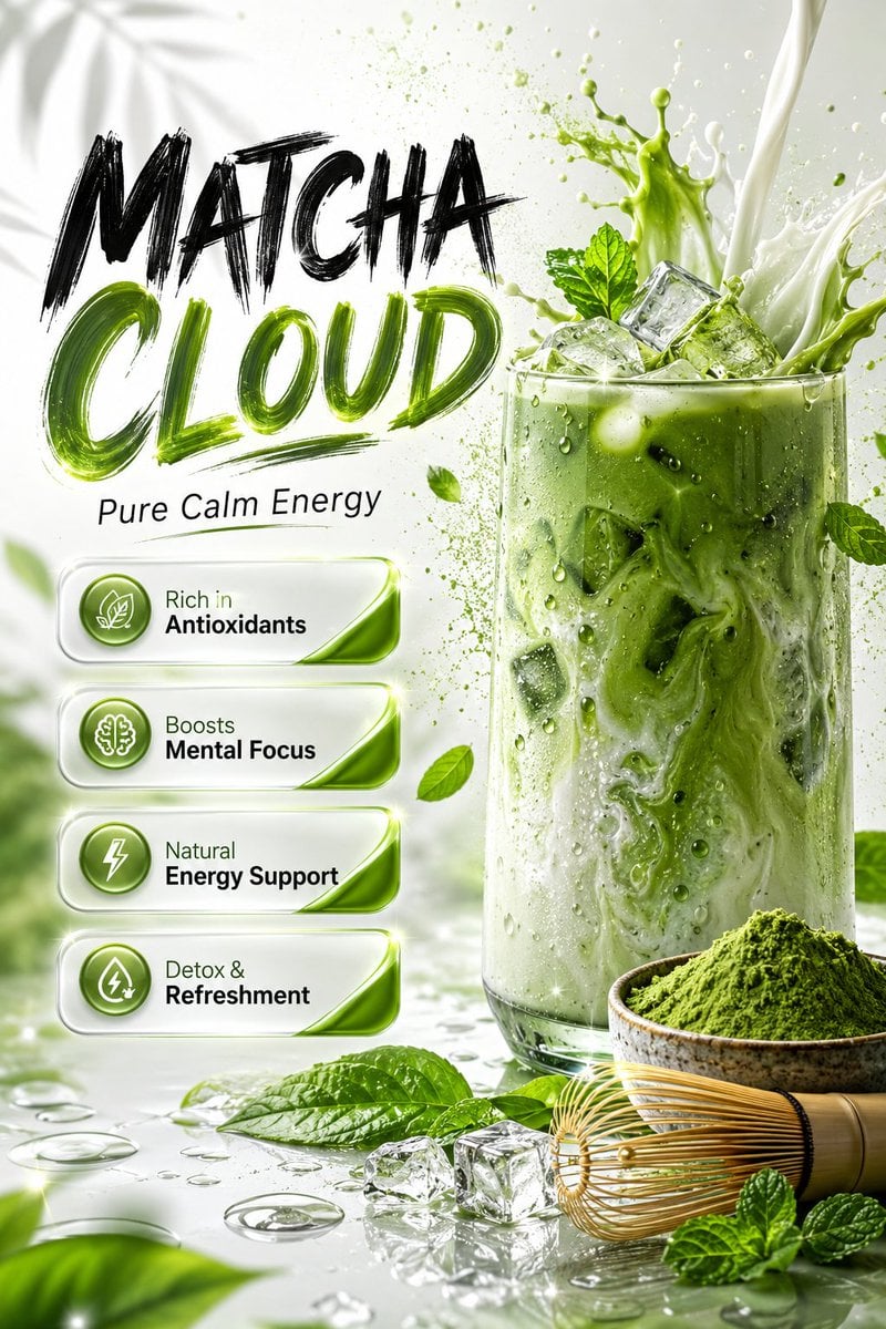 Ultra-realistic premium matcha beverage advertisement poster design, luxury wellness drink campaign style, cl…