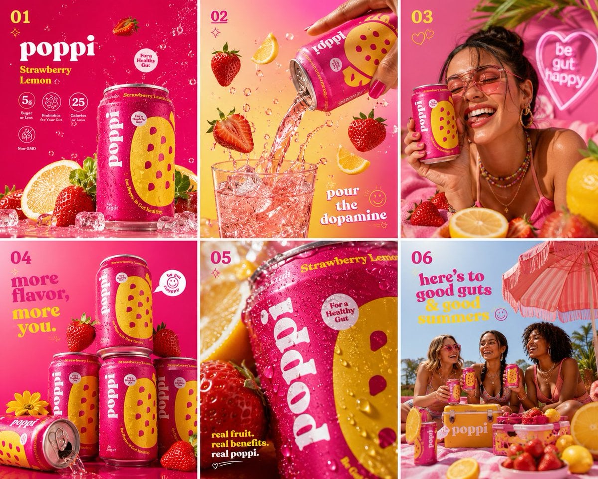 Ultra vibrant Poppi Strawberry Lemon soda hero shot, hot pink seamless background, oversized glossy strawberr…
