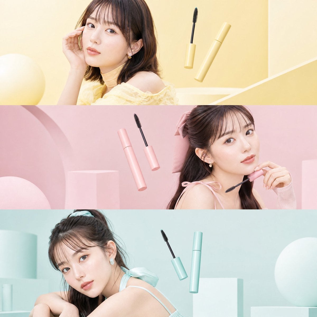 Ultra-premium Japanese beauty editorial collage, three fashionable yo…