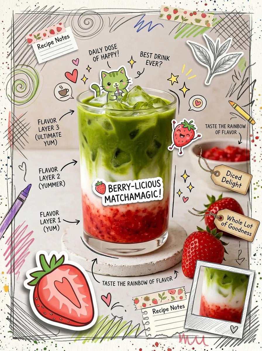 Cute scrapbook-style food photography poster, aesthetic matcha latte…