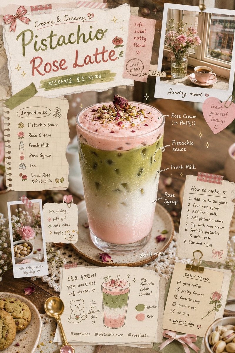 rose latte aesthetic, layered iced pistachio drink with rose cream foam and milk gradients, ultra-realistic b…