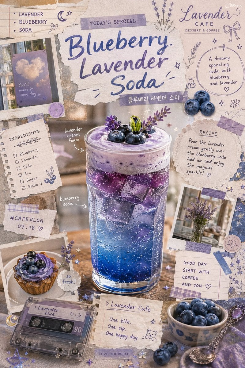 Vintage-inspired blueberry lavender soda scrapbook poster, dreamy art…