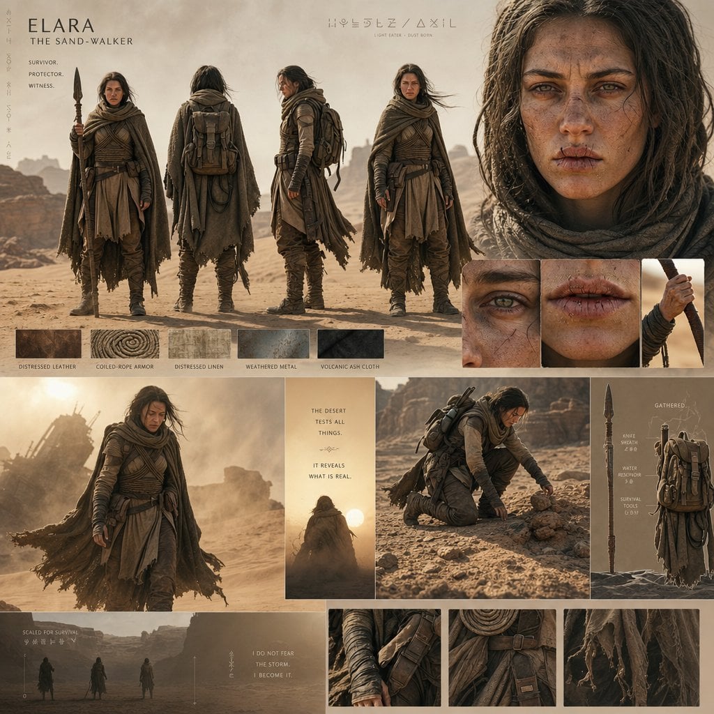 An epic desert-world cinematic character board with monumental scale and atmospheric realism. Warm golden dus…