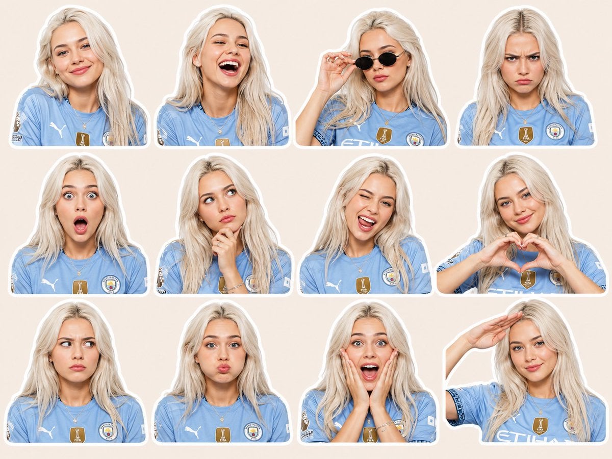 A high-quality premium sticker pack featuring the same young beautiful English woman in 12 different expressi…