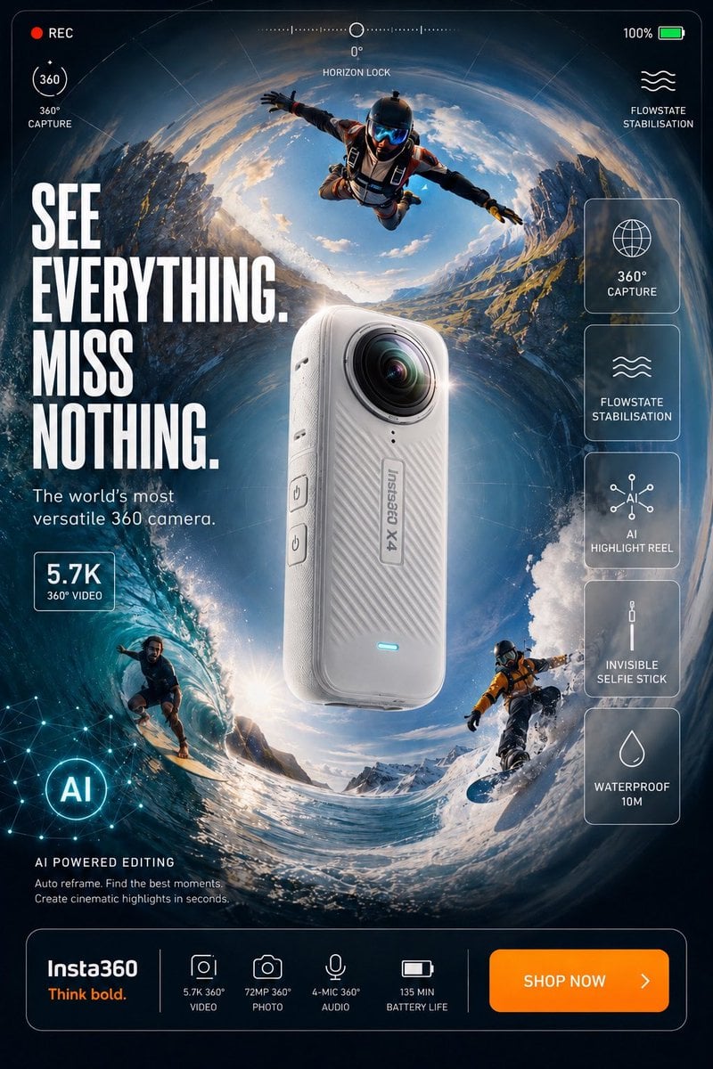 Ultra-high-end commercial product advertisement poster for GoPro HERO action camera, shot in the style of a t…
