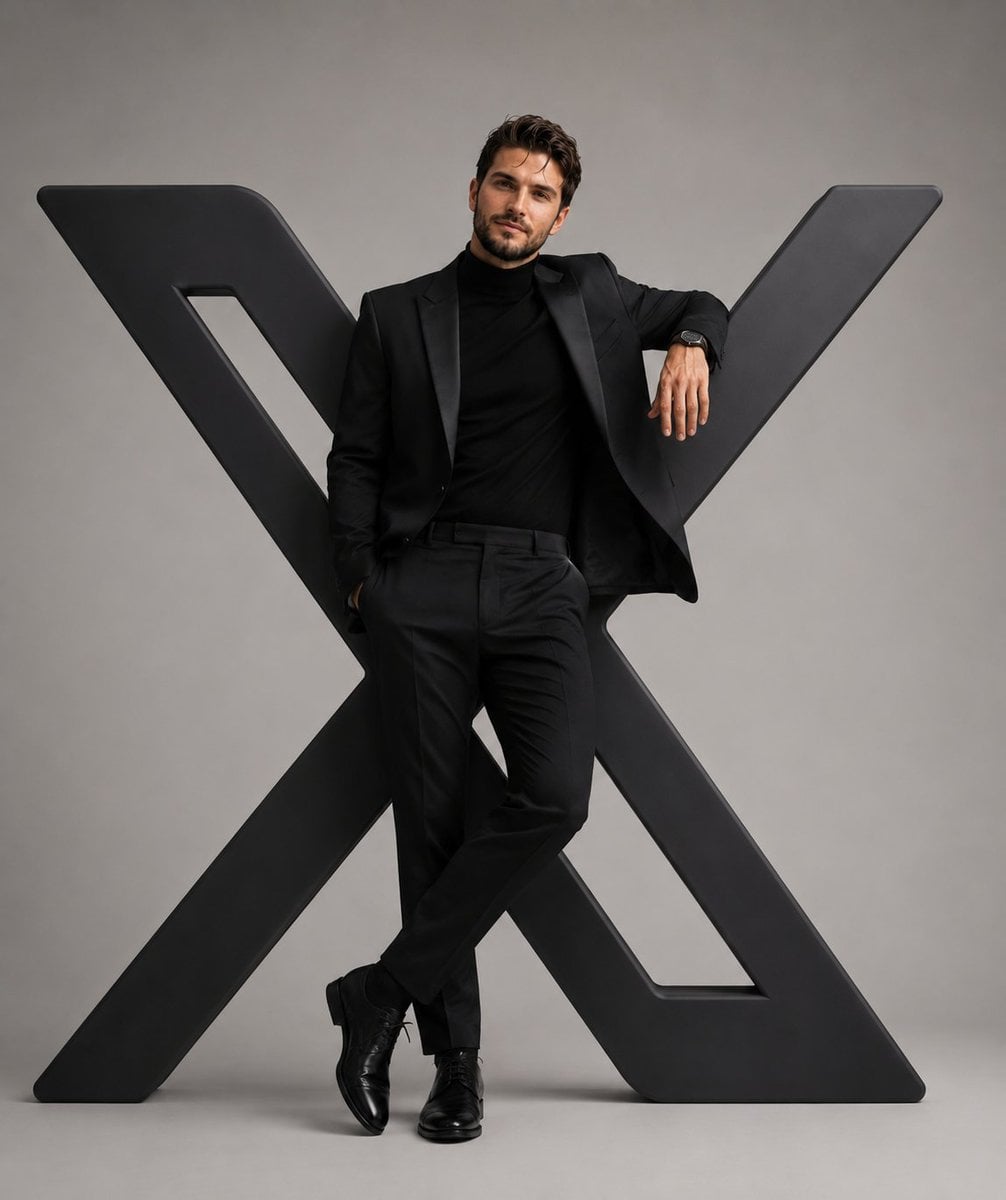 A hyper-realistic editorial photograph of a stylish man confidently i…