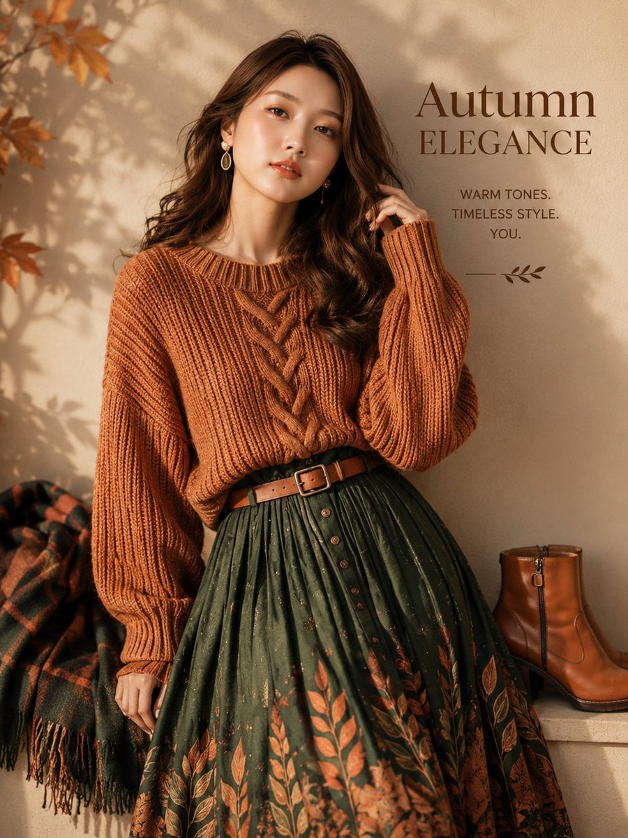 Ultra-realistic autumn fashion editorial poster featuring a beautiful…