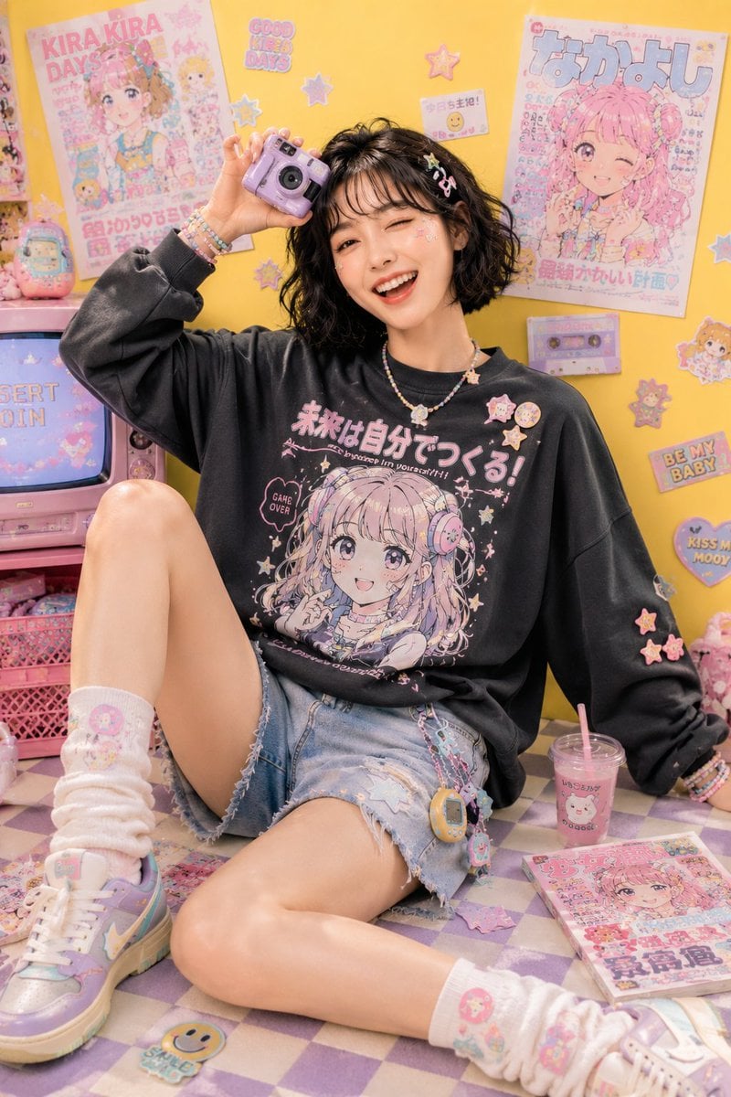 Playful kawaii-inspired studio fashion editorial featuring a cheerful young Asian woman with a fluffy short b…