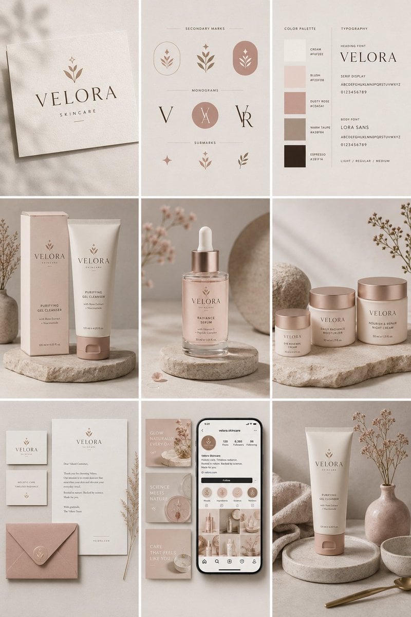 Create a complete brand identity presentation for an original premium skincare brand called "VELORA". Show a…
