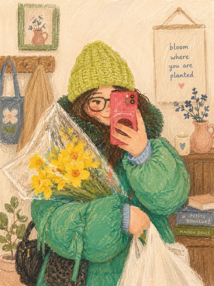 Cute cozy oil pastel illustration, soft textured crayon art style, ae…