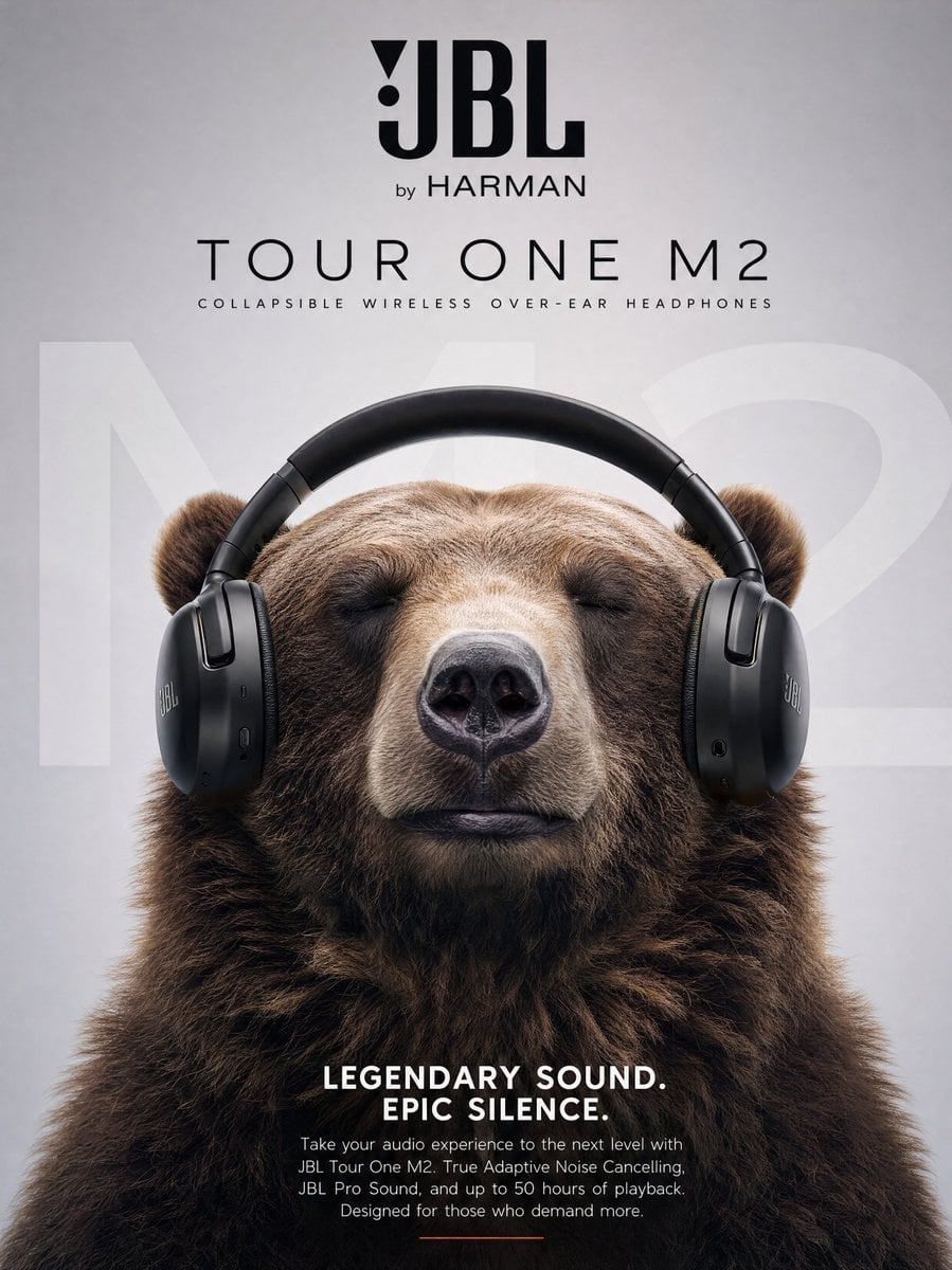 Ultra realistic commercial poster of a massive brown grizzly bear peacefully enjoying music while wearing sle…
