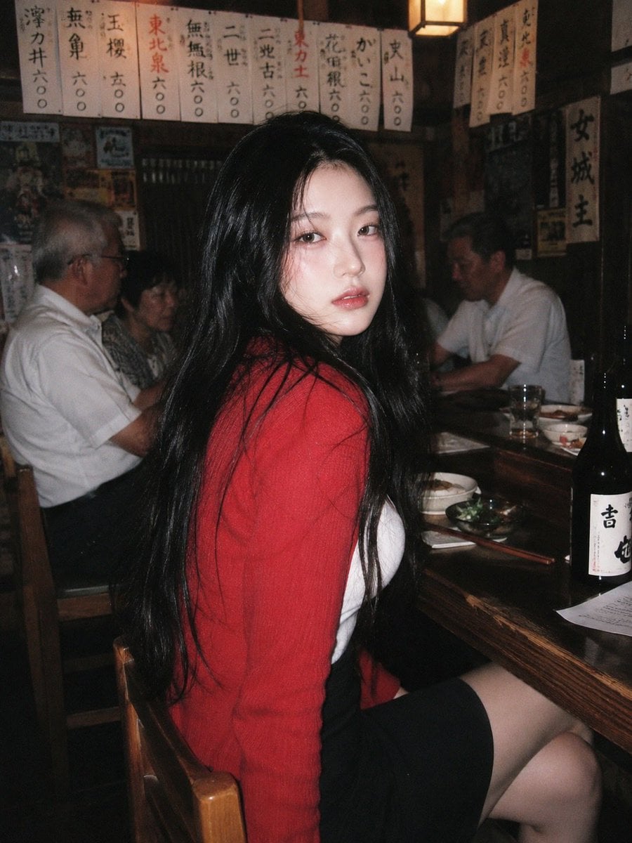 A 90s disposable-camera style flash snapshot taken inside a small, bu…