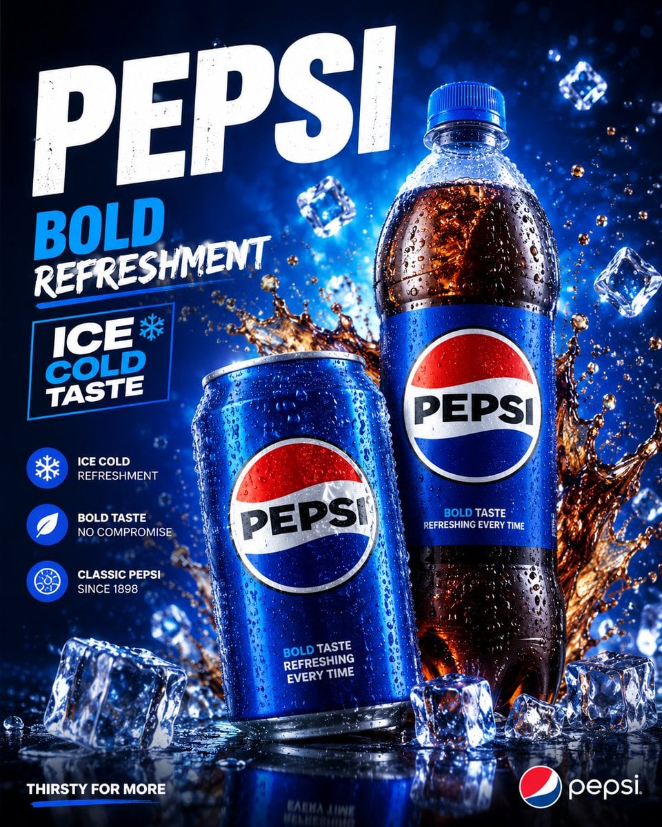 Create a premium Pepsi drinks packaging advertisement poster with a b…