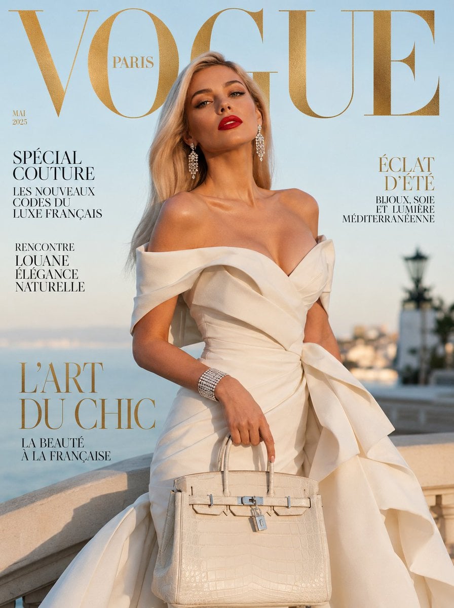 Ultra-realistic luxury fashion magazine cover featuring an elegant Fr…