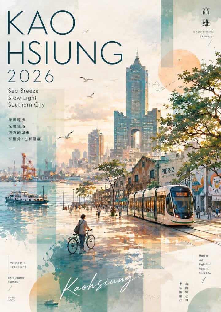 Watercolor and collage travel poster for Kaohsiung, Taiwan, vertical…