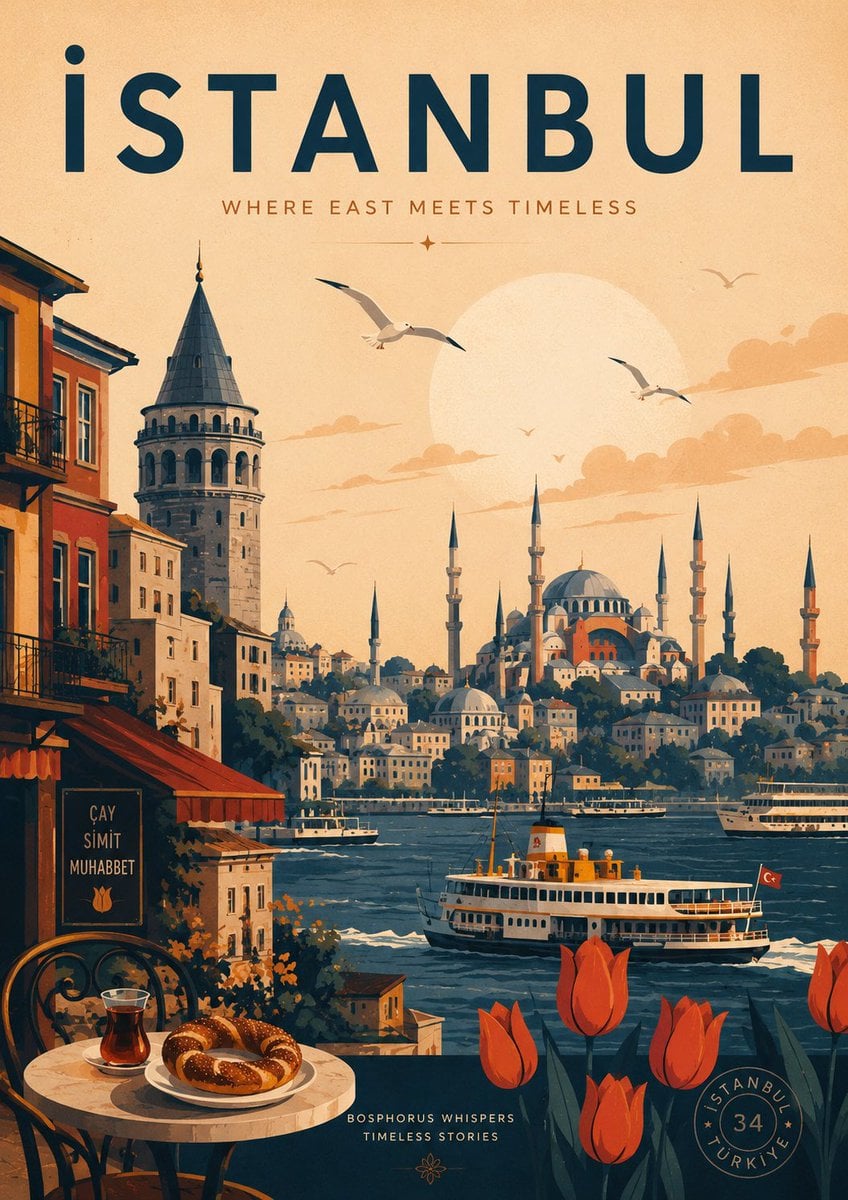 Create a modern AI-generated travel poster inspired by the aesthetic…