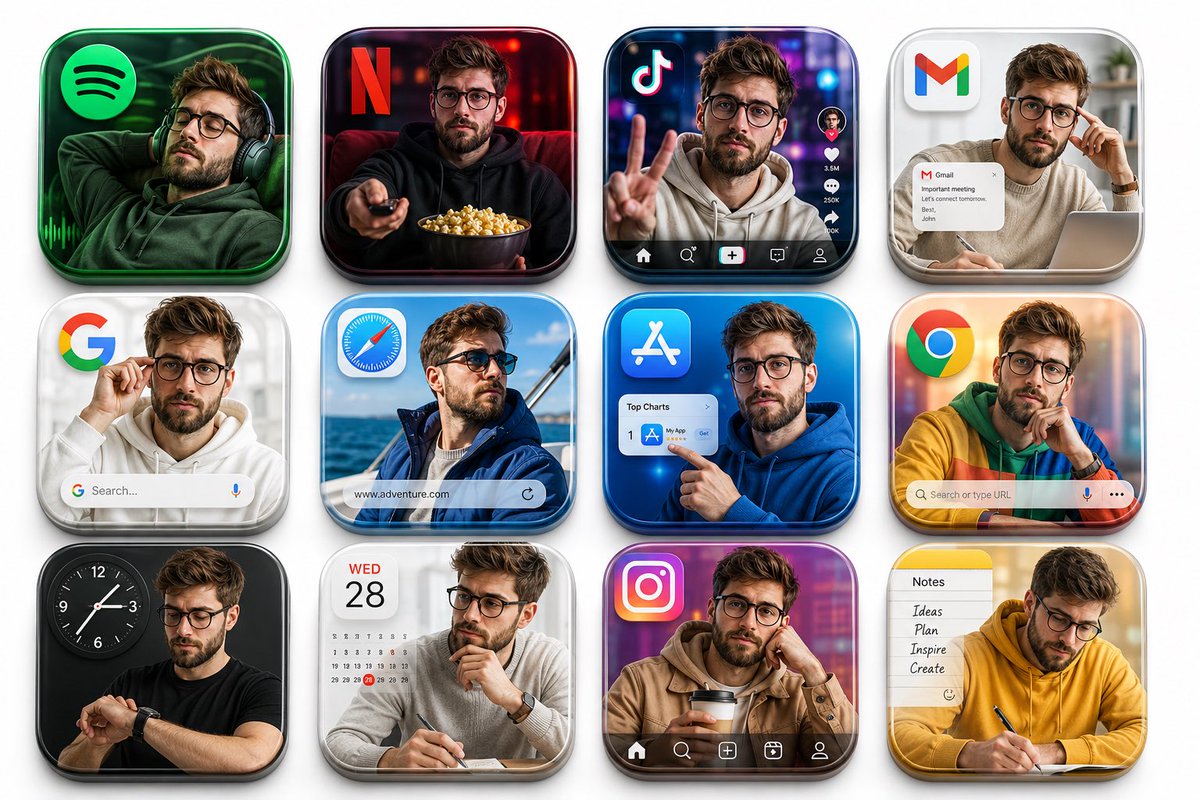 Create a premium 3D grid of 12 square app icons arranged neatly on a…