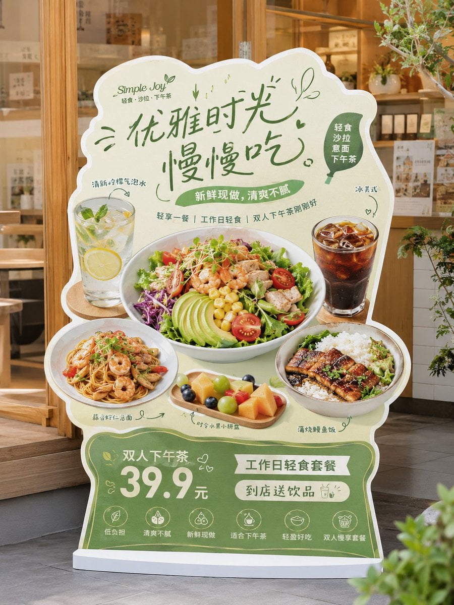 请生成一张高完成度的「餐饮异形展架 / 立牌」设计图，用于展示餐饮门店的新品推荐、招牌产品、套餐促销或品牌活动信息。 【基础信息】 品牌名…