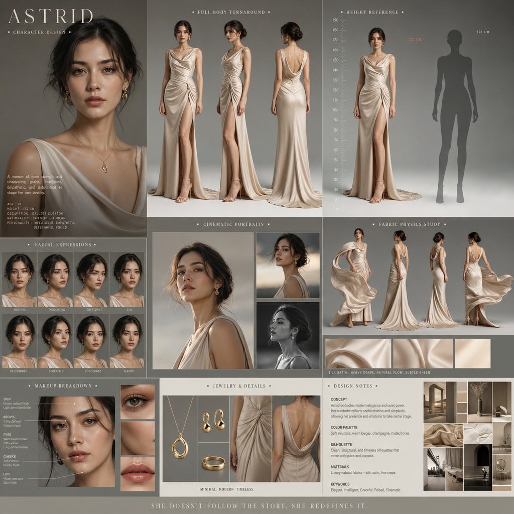 Create a cinematic character design board for a premium drama film. A…