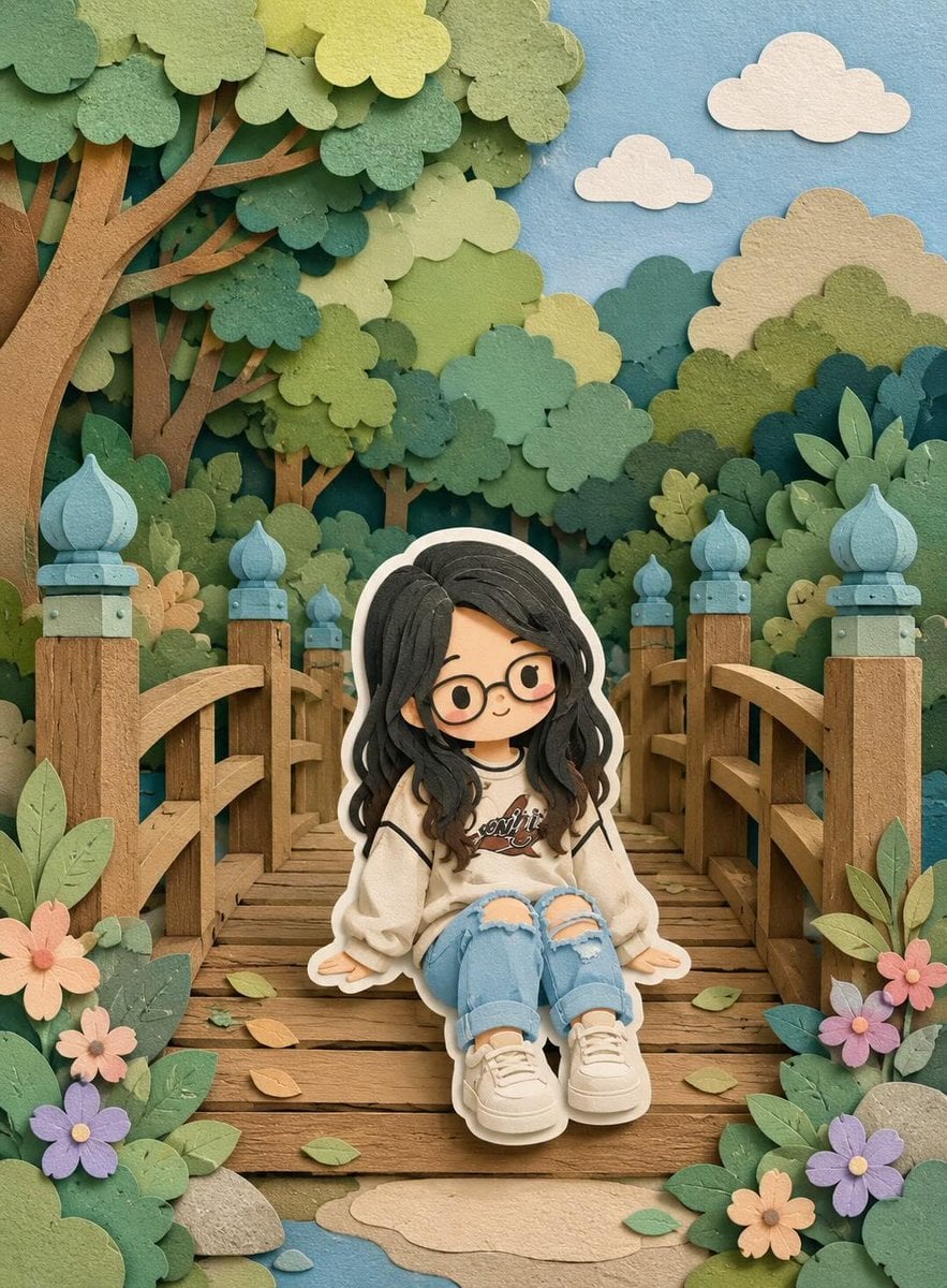 Cute layered paper-cut art style illustration of a chibi girl with bi…