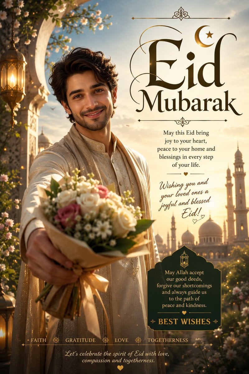 Generate a poster for wishing my X audience Eid Mubarak and best wish…