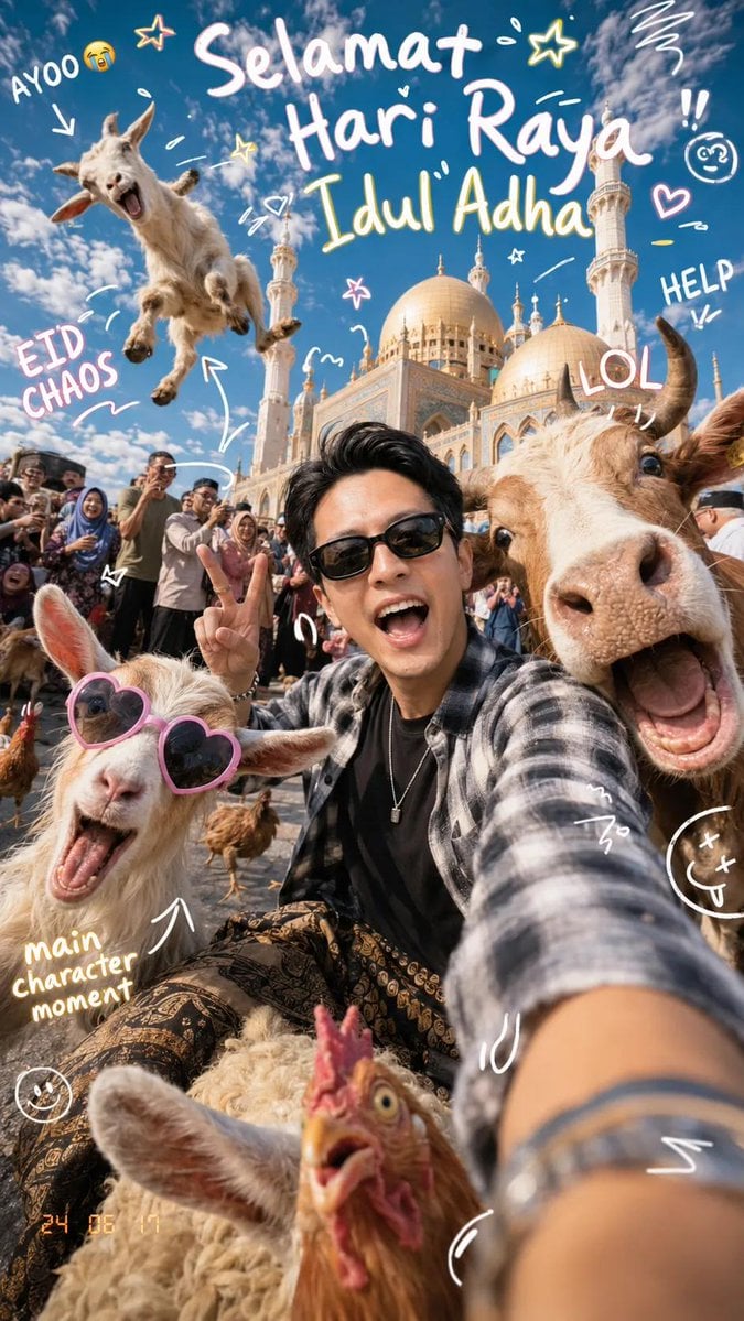 Ultra-realistic super cute chaotic Eid al-Adha selfie photograph in f…