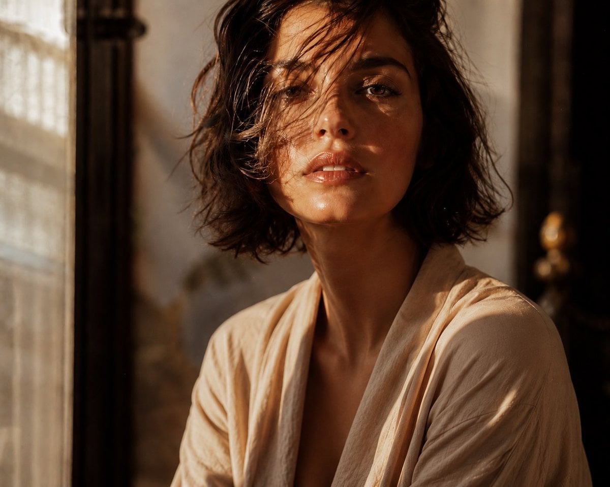 Cinematic editorial close-up of an elegant young woman with a tousled…