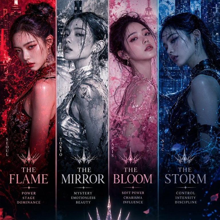 Ultra-premium K-pop comeback concept featuring a four-member global g…