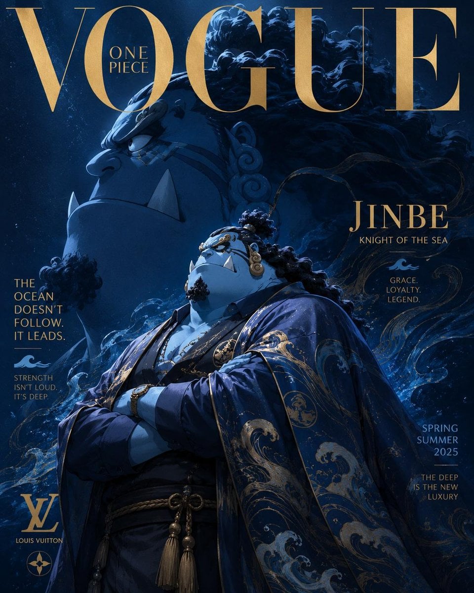Luxury anime fashion magazine cover inspired by Vogue and haute couture editorials, One Piece character reima…