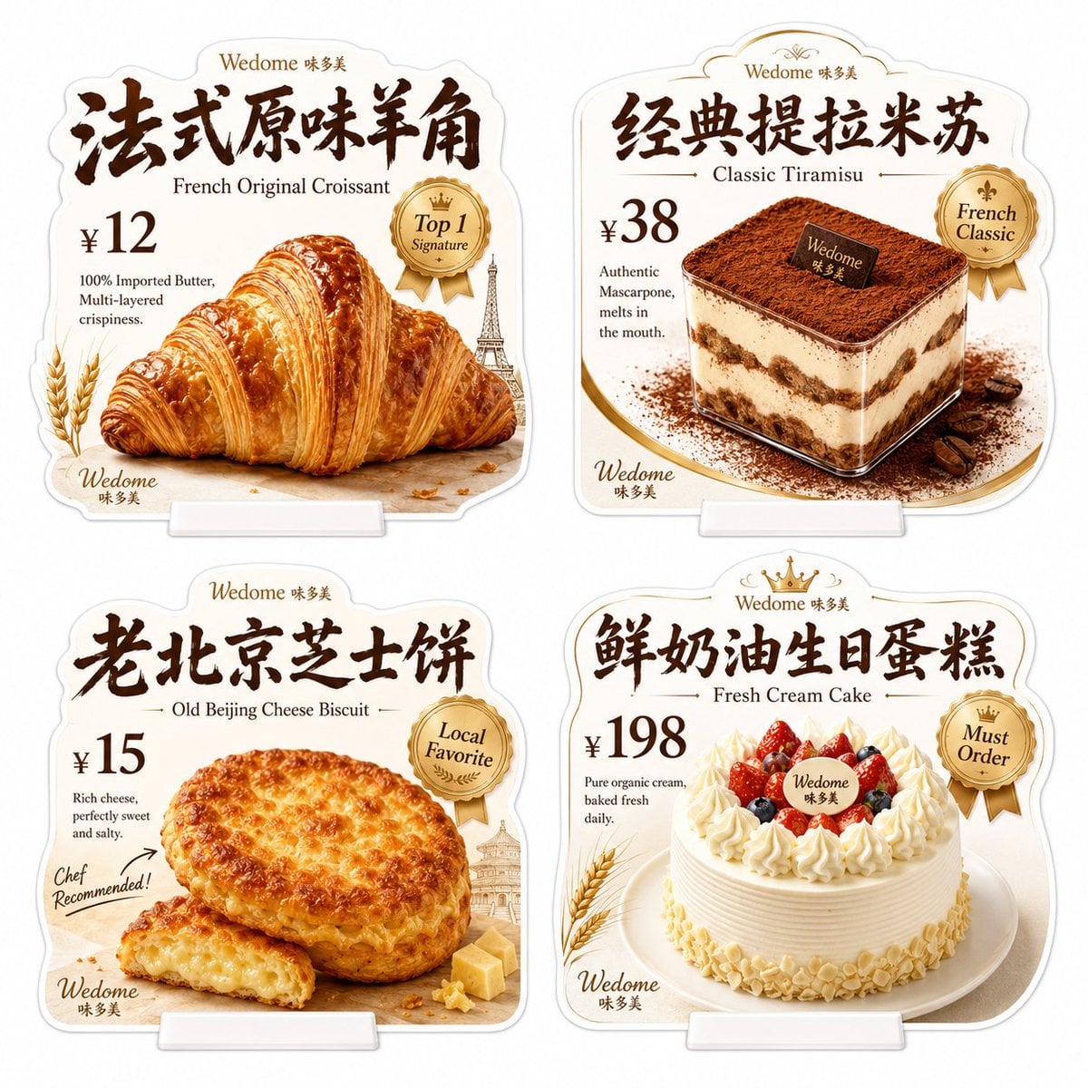 请生成一张[味多美]门店异形桌牌展示图。纯白背景。 品牌名称： [味多美 (Wedome)] 空间风格： 温暖法式烘焙感，温馨治愈，高级感…
