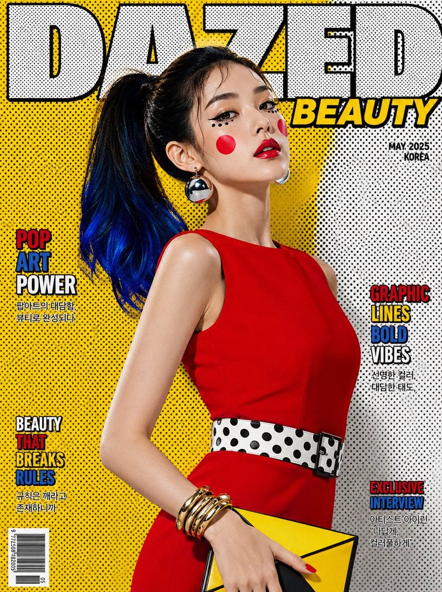 Ultra-realistic pop-art luxury beauty magazine cover featuring a stri…