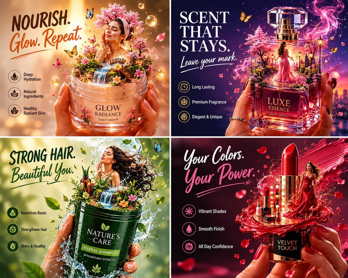 Create an ultra-detailed luxury commercial advertising poster. MAIN PRODUCT: [(Product Name)] held in a reali…