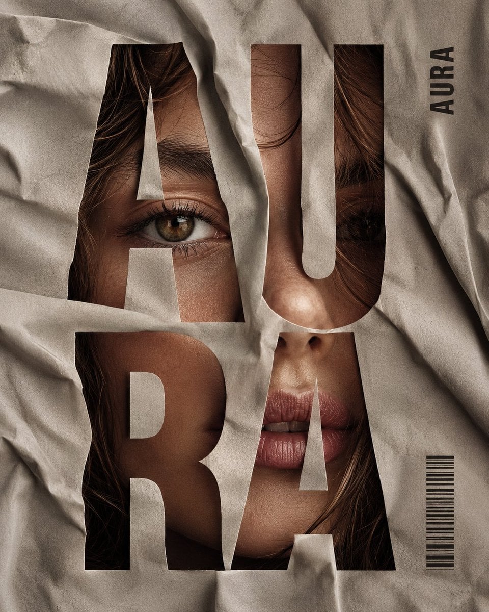 Vertical editorial poster portrait of [CHARACTER] with [HAIR], face tightly framed behind crumpled [FABRIC],…