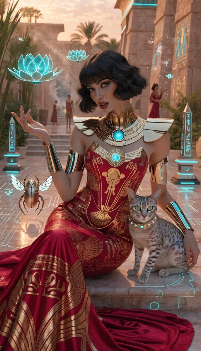 Photorealistic retro-futuristic Egyptian cyberpunk queen seated regal…