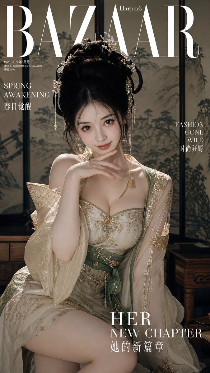 顶尖现代时尚杂志封面大片，一位20岁左右的国风美女，身着改良版华丽古装（汉服元素）。她拥有丰腴匀称的沙漏型身材，裁剪得体的古装完美勾勒出优…