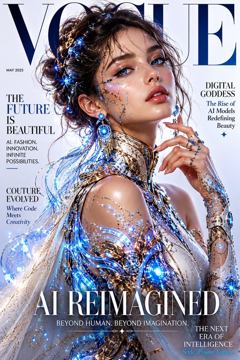 Professional magazine cover design, Vogue style, fictional AI model w…