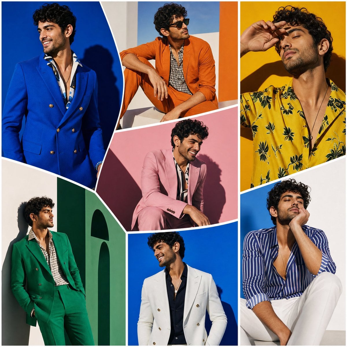 The SAME male model displayed across oversized random-shaped fashion panels inspired by modern art galleries.…