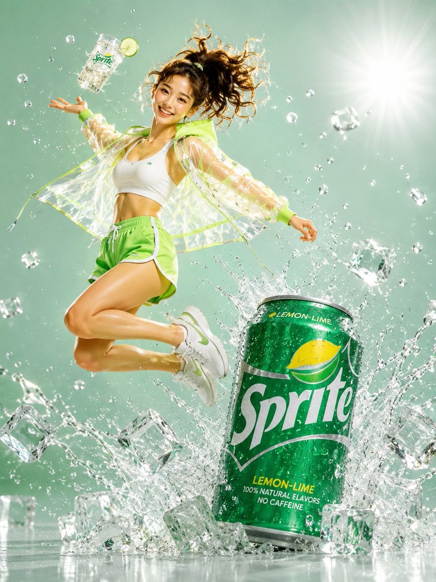 A young woman mid-air jumping pose, high ponytail flying, pure excite…
