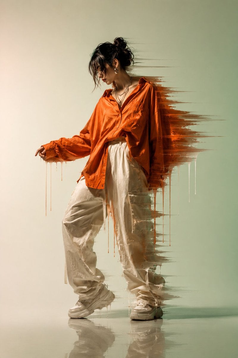 A cinematic editorial portrait of a stylish young woman standing in a confident yet soft dynamic pose, head s…