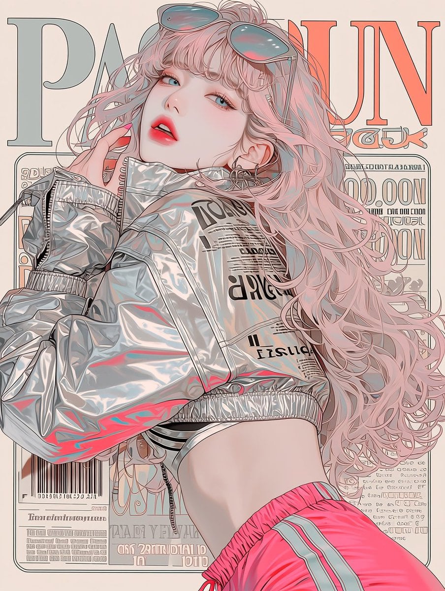 A magazine cover design featuring a [여/남], wearing a metallic silver…