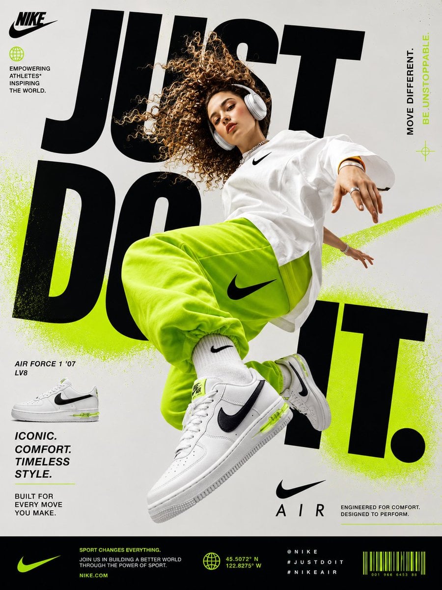 Generate a perfectly graphic designed poster of Nike Shoe advertisement. The character (indian young funky gi…
