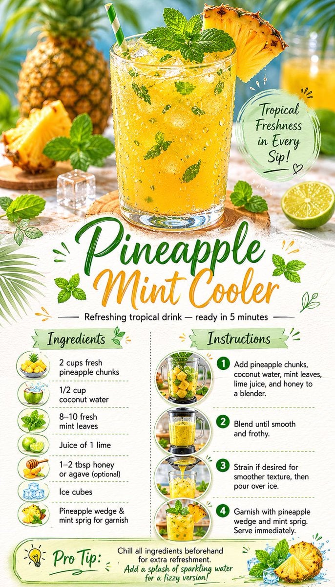 Create a beautiful, vertical recipe card for "Pineapple Mint Cooler"…
