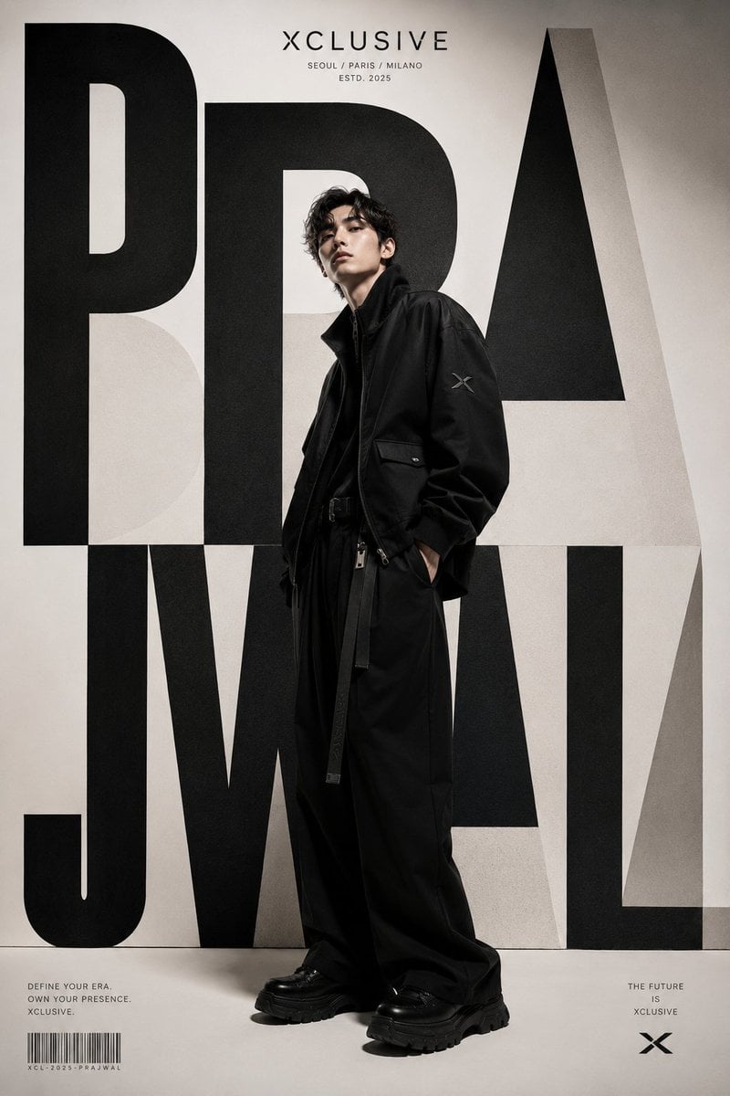 A world-class luxury fashion editorial poster for XCLUSIVE, inspired…