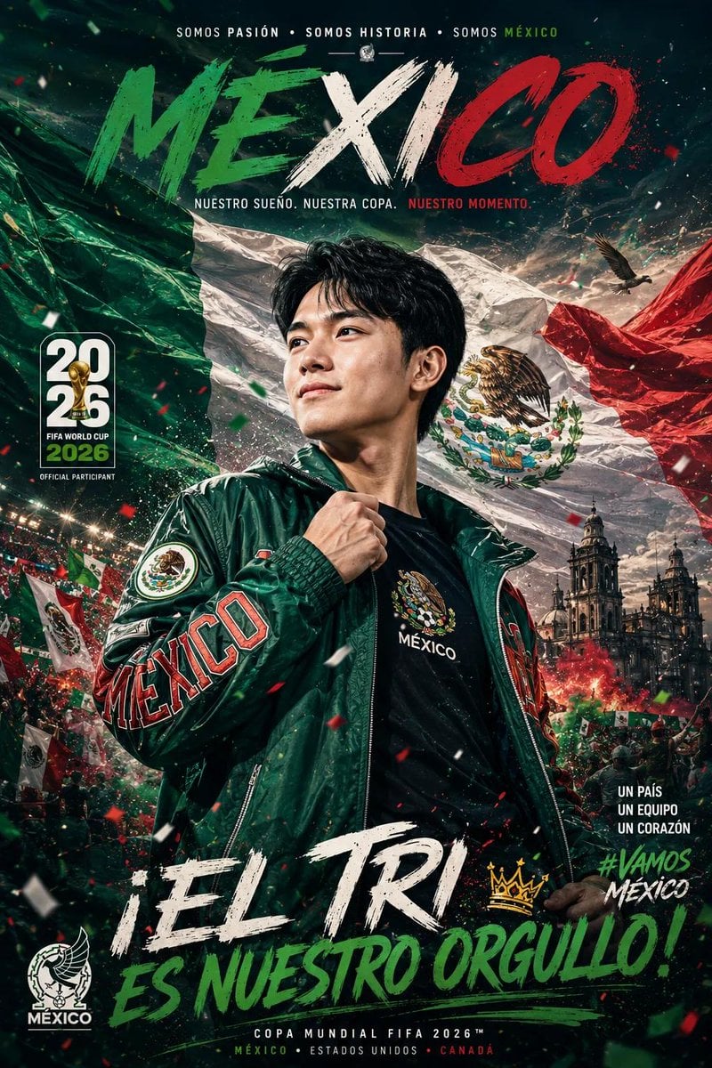 Ultra-cinematic FIFA World Cup 2026 promotional poster, proud young s…